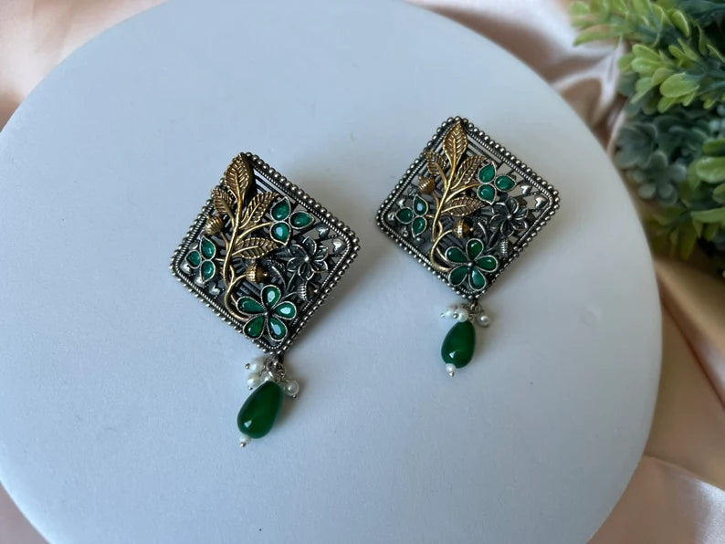 Green oxidized silver earring stud with stone and pearl, Oxidized silver earring