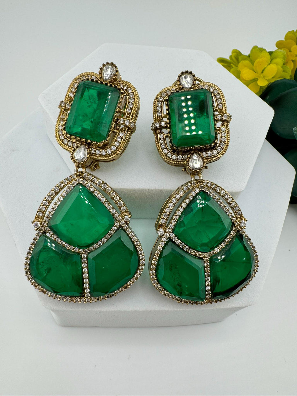 Premium Green Doublet earrings with Cubic Zirconia and kundan designer Chandelier earrings