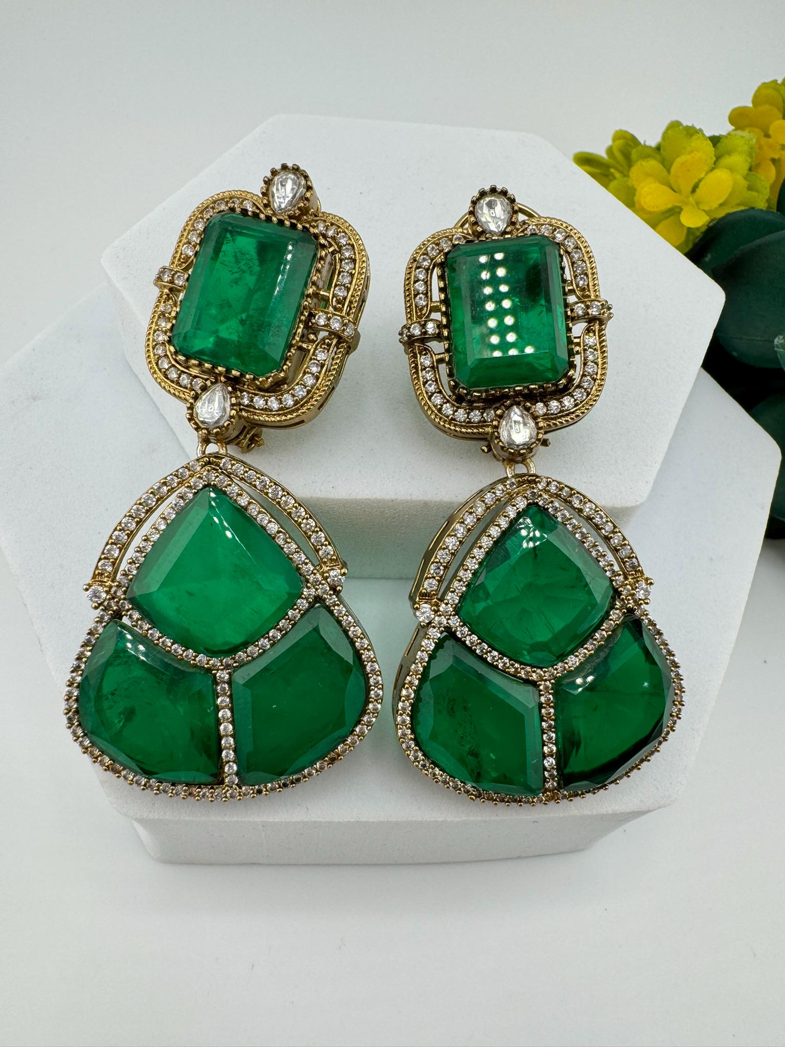 Premium Green Doublet earrings with Cubic Zirconia and kundan designer Chandelier earrings