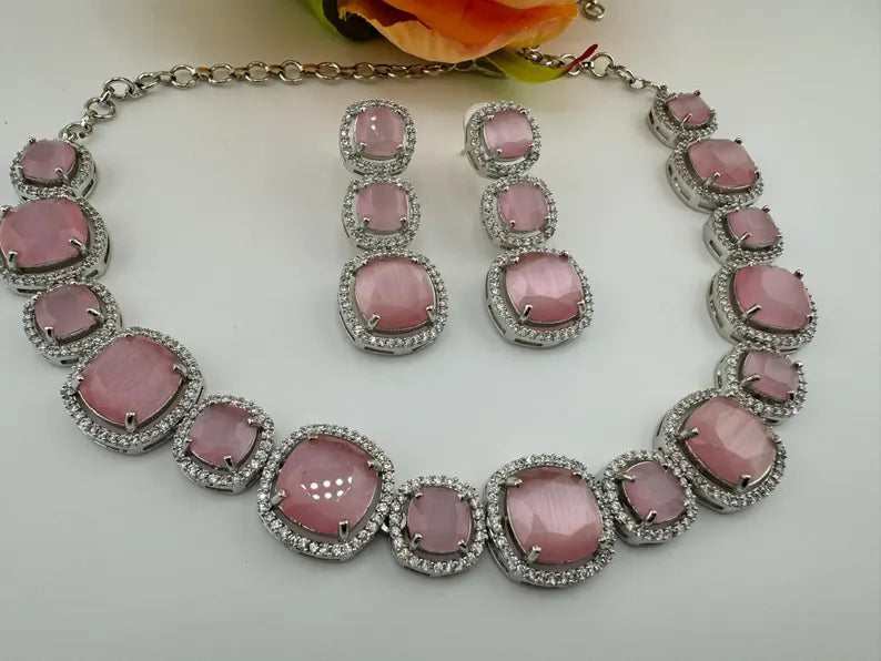 Monalisa stone American Diamond, Cubic Zirconia Necklace Set in Silver Polish