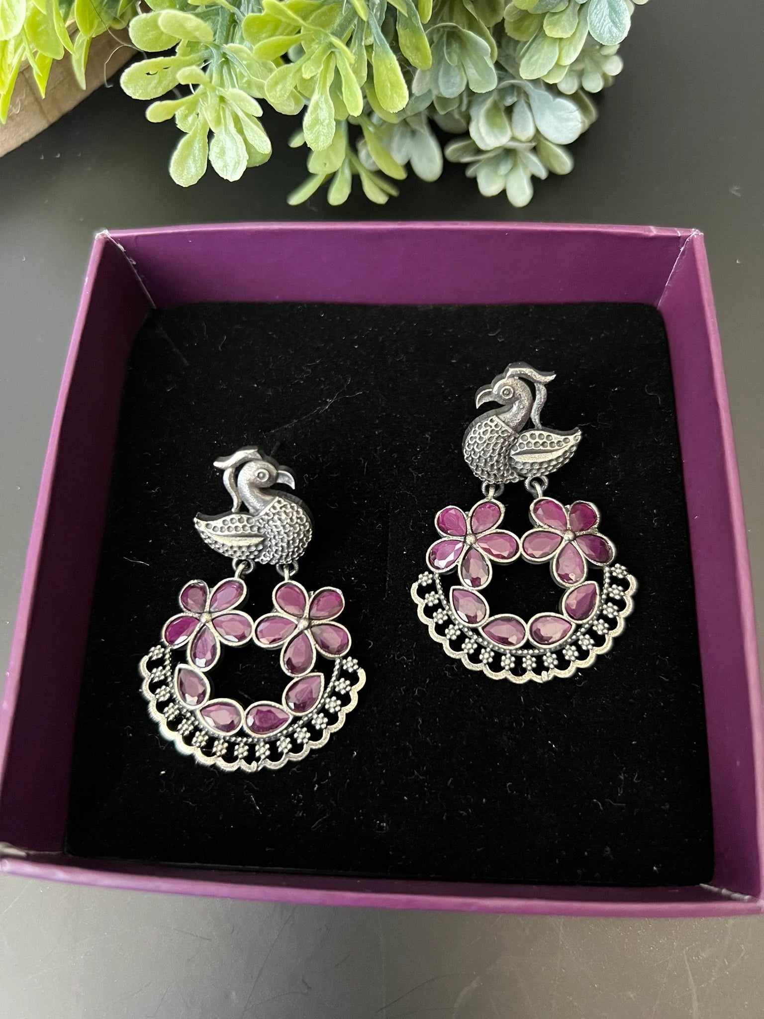 Pink Oxidized German Silver peacock Chandbali Earrings with stones
