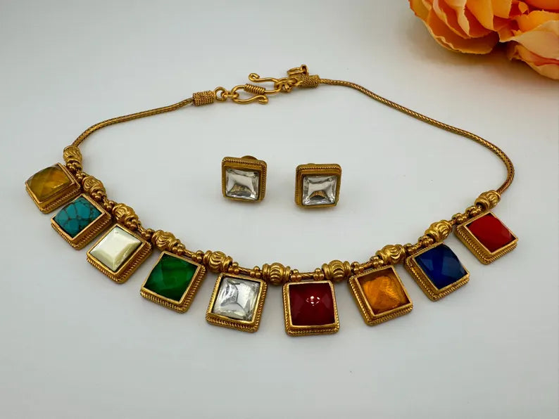 Premium Necklace in Multicolor stone, Kundan in Matt Gold with studs earring