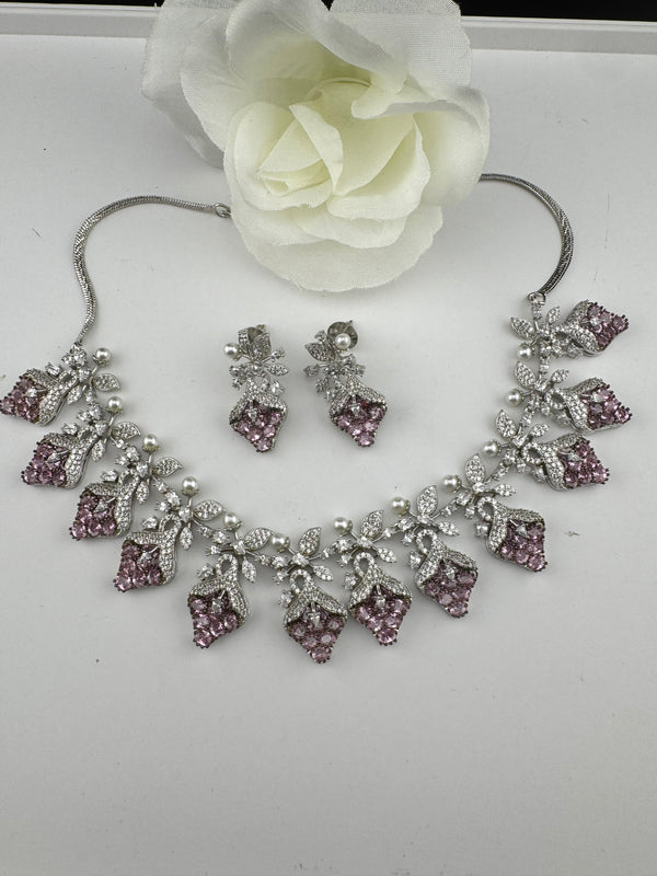 CZ Diamond Statement sleek Necklace Set, White Gold Plated Choker, 3D nature inspired