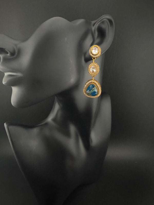 Kundan, CZ, Gold, Marble Stone Long Earrings, Bridal, Moissanite, CZ, Designer jewelry