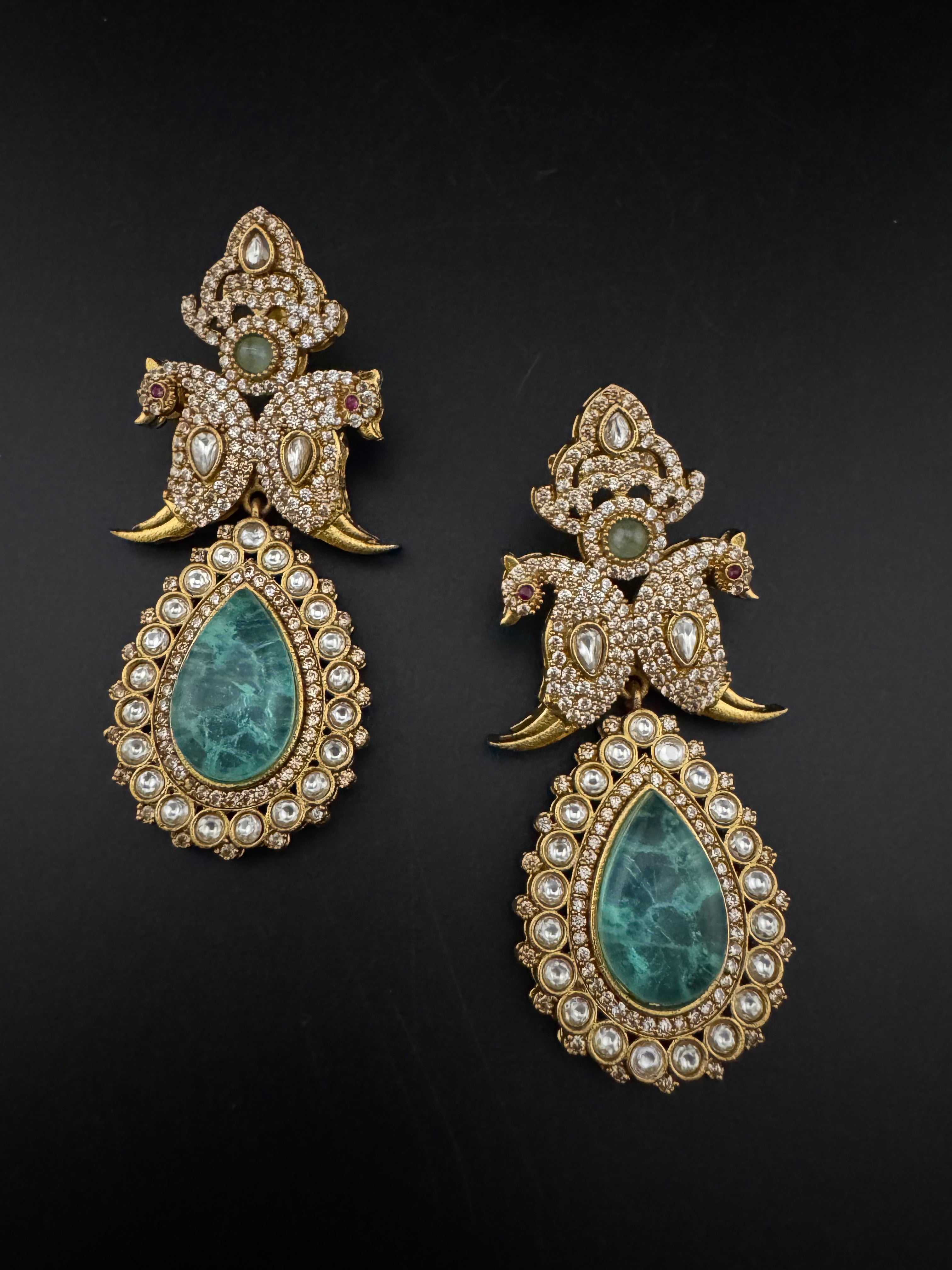 Blue Green and Gold, Doublet Stone Chandelier Long Earrings, Bridal, Moissanite, CZ, Designer jewelry