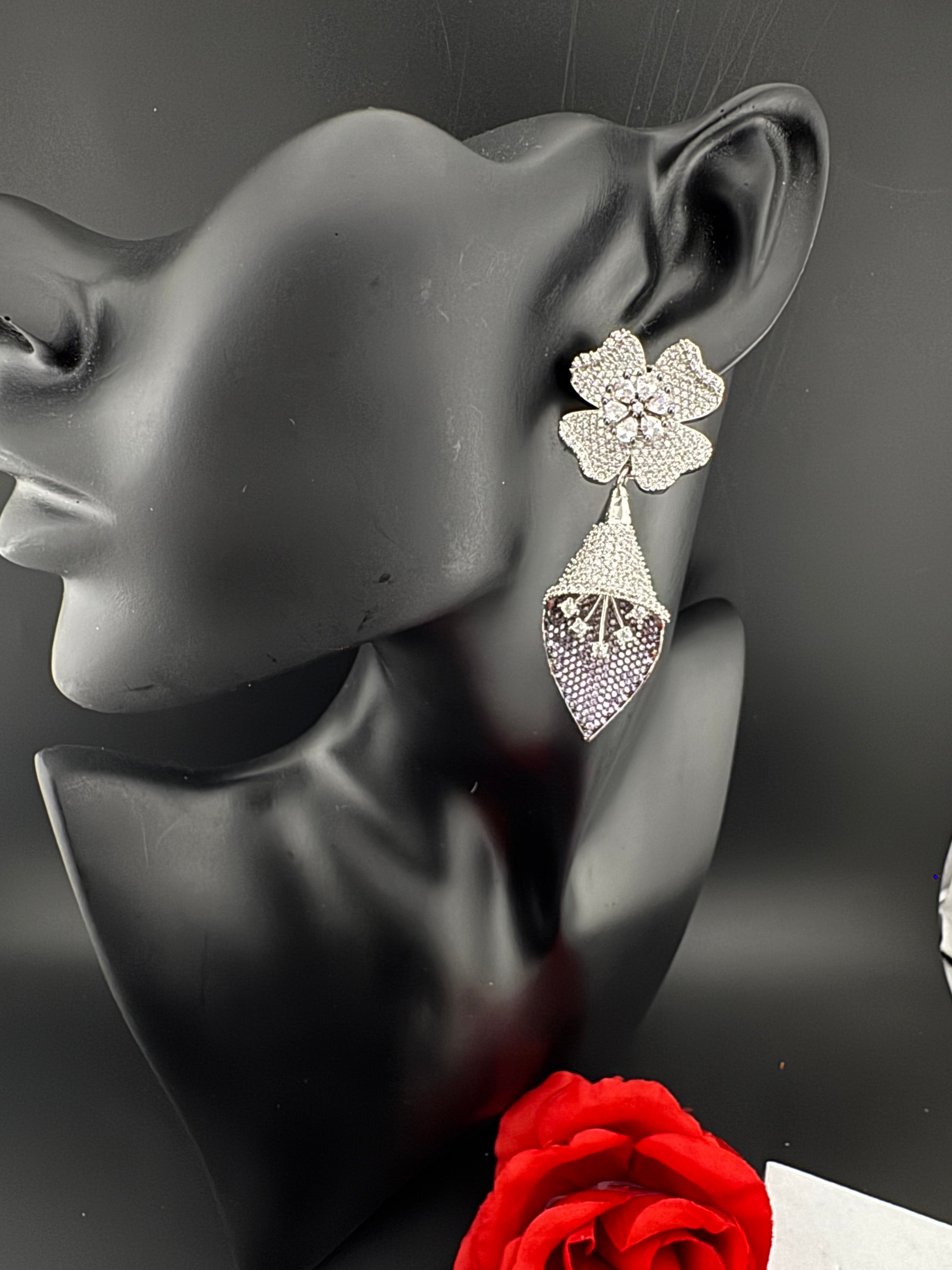 Premium Nano Setting Cubic Zirconia 3D earrings in Spear Drop, stylish, designer Inspired Statement Dangle earring/Bridal Bridesmaid earring