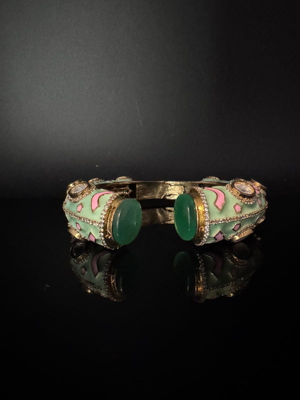 Moissanite Kundan, Enamel, CZ Adjustable Bracelet Bangle Kada, Gold Polish Designer Bangle