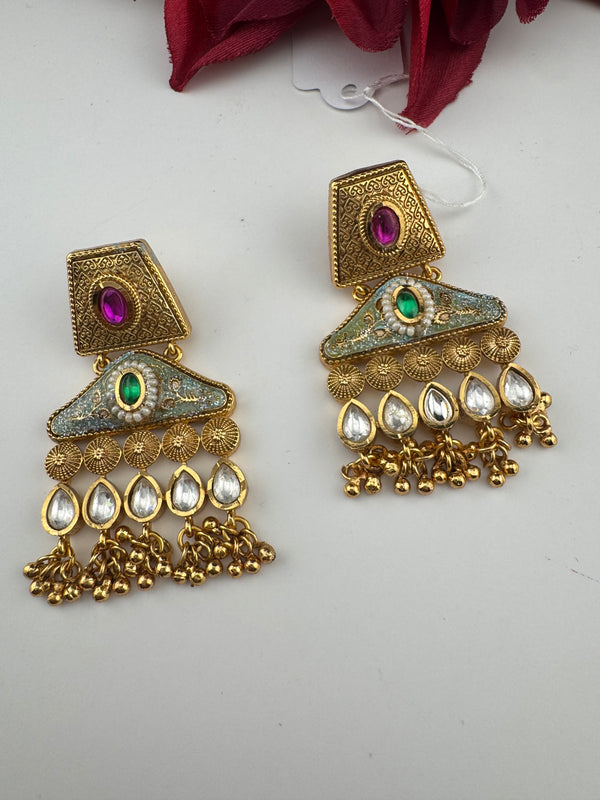 Amrapali inspired Matt Gold, kundan, Turquoise Enamel, ChandBali long Earrings, designer jewelry