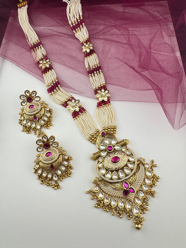 Rajwadi Kundan Enamel Pearls Long Gold Necklace Set, Indian Bridal Rani Haar