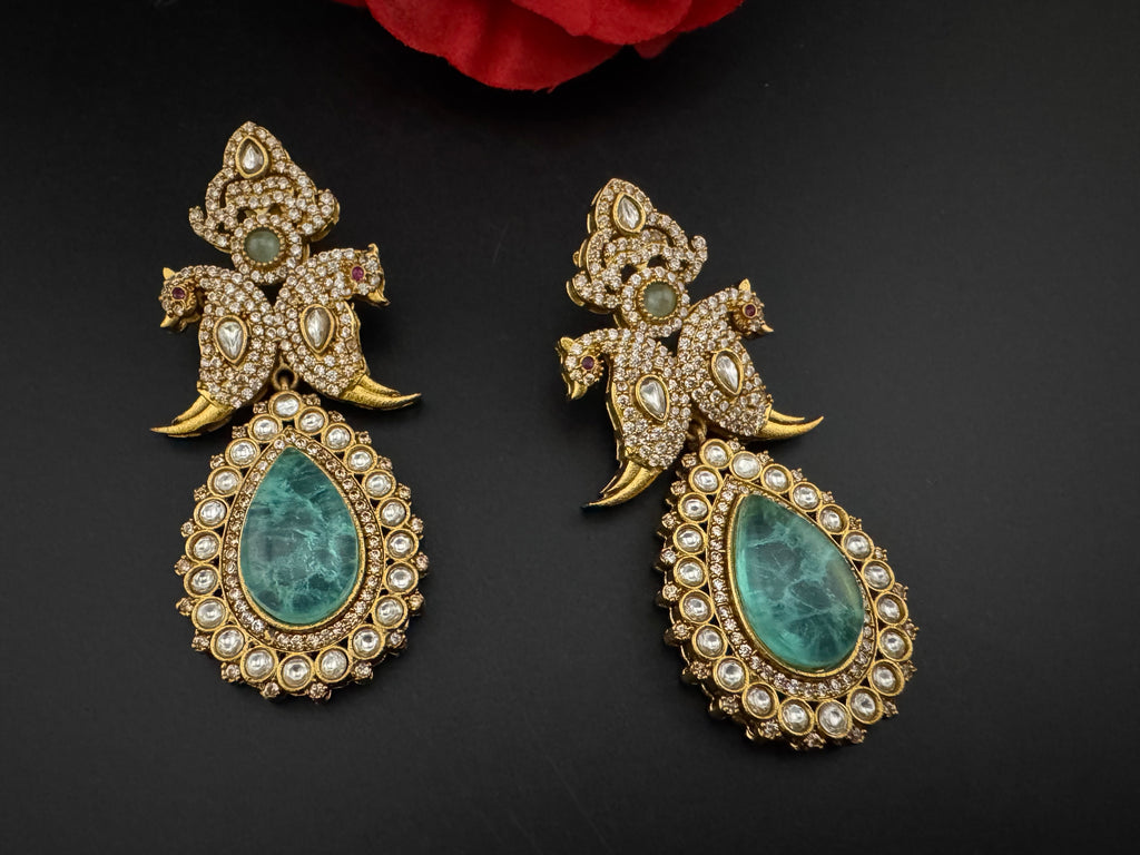 Blue Green and Gold, Doublet Stone Chandelier Long Earrings, Bridal, Moissanite, CZ, Designer jewelry