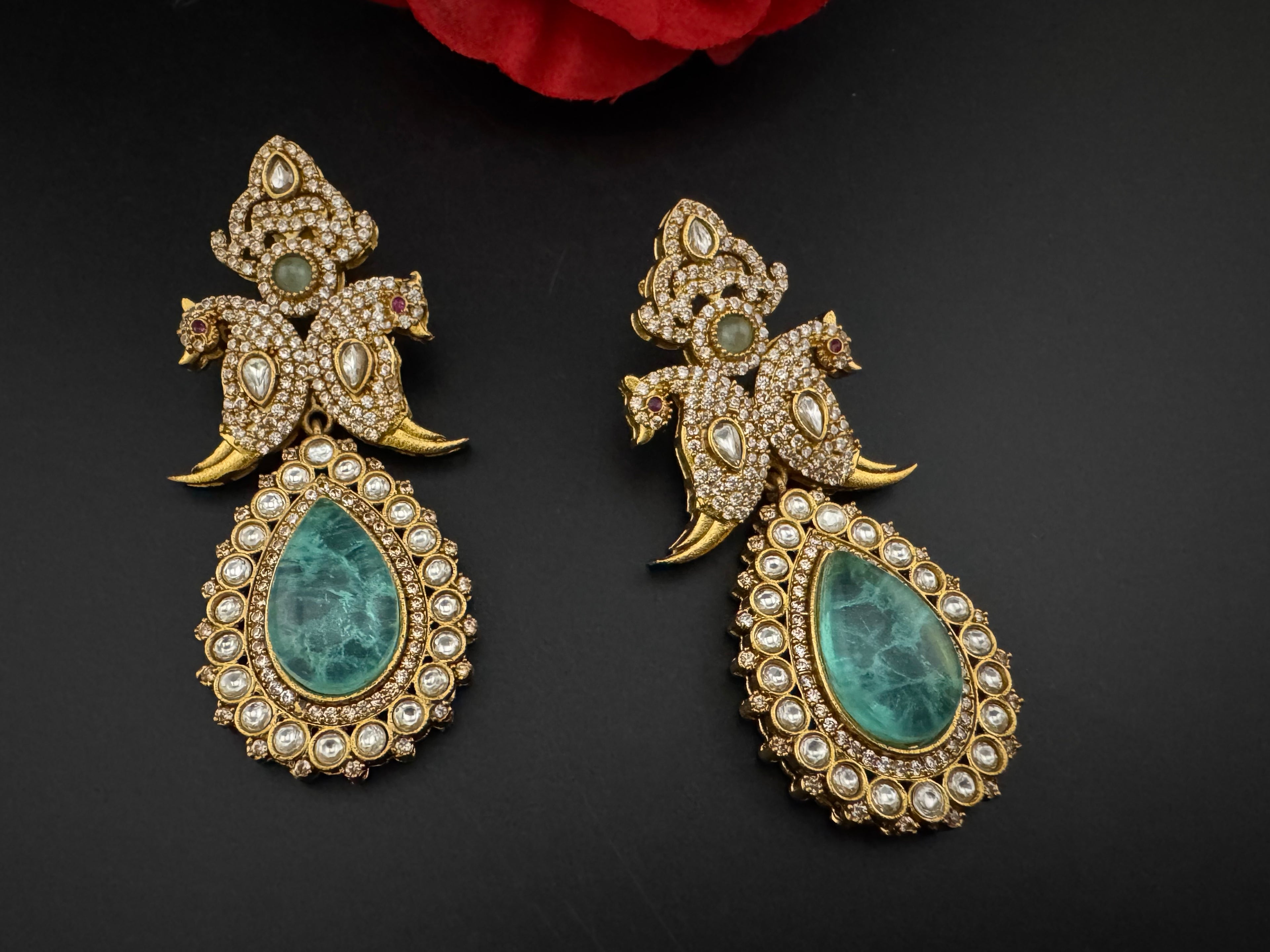 Blue Green and Gold, Doublet Stone Chandelier Long Earrings, Bridal, Moissanite, CZ, Designer jewelry