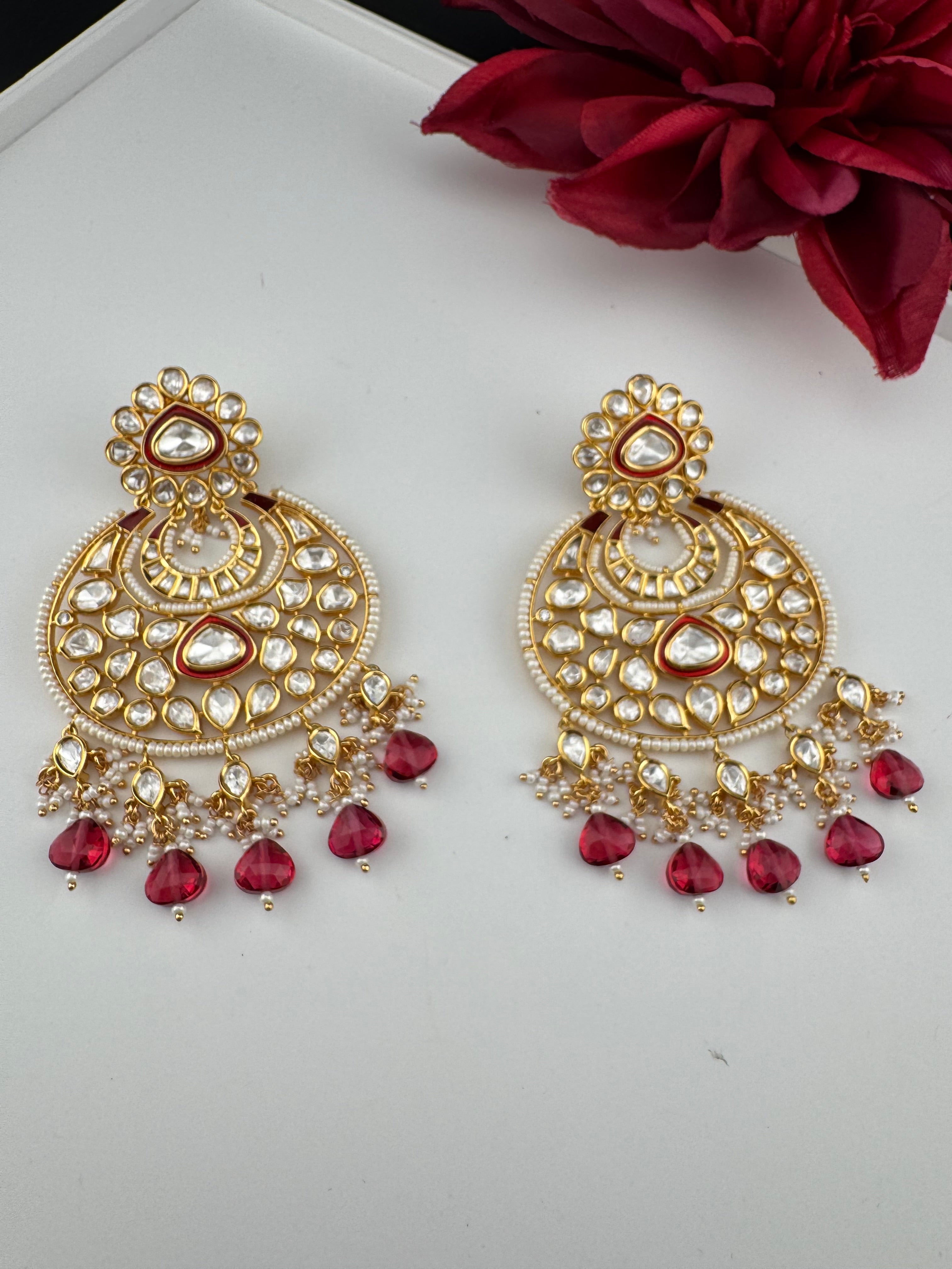Red and Gold Kundan Chandelier Earrinngs, High shine Bridal Moissanite CZ, Shiney Gold Designer