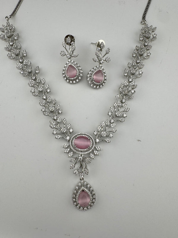 Crystal, Nano Setting CZ Diamond Statement Necklace Set, White Gold Plated Choker, nature inspired