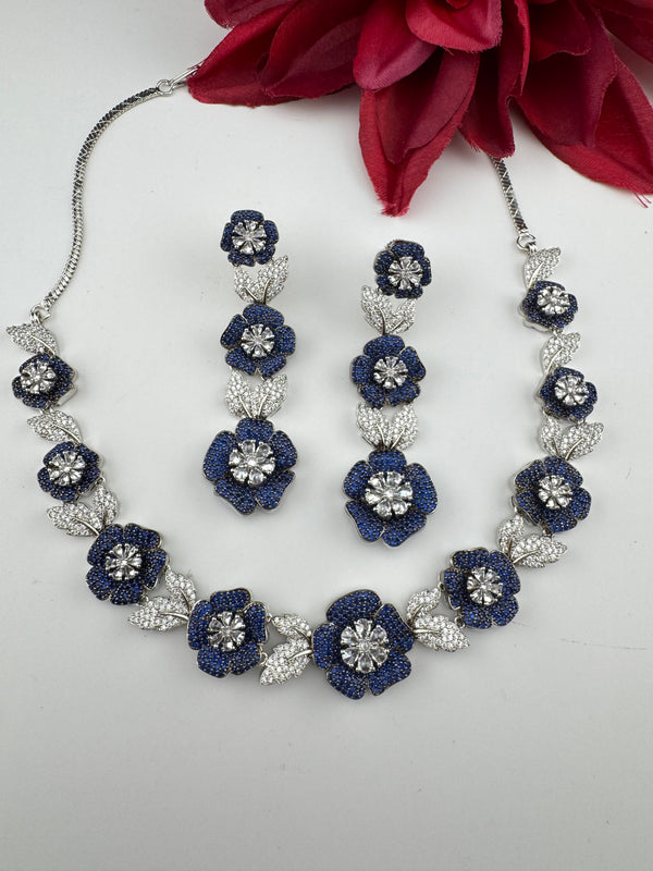 Nano Setting CZ Diamond Statement Necklace Set, White Gold Plated Choker set, nature inspired