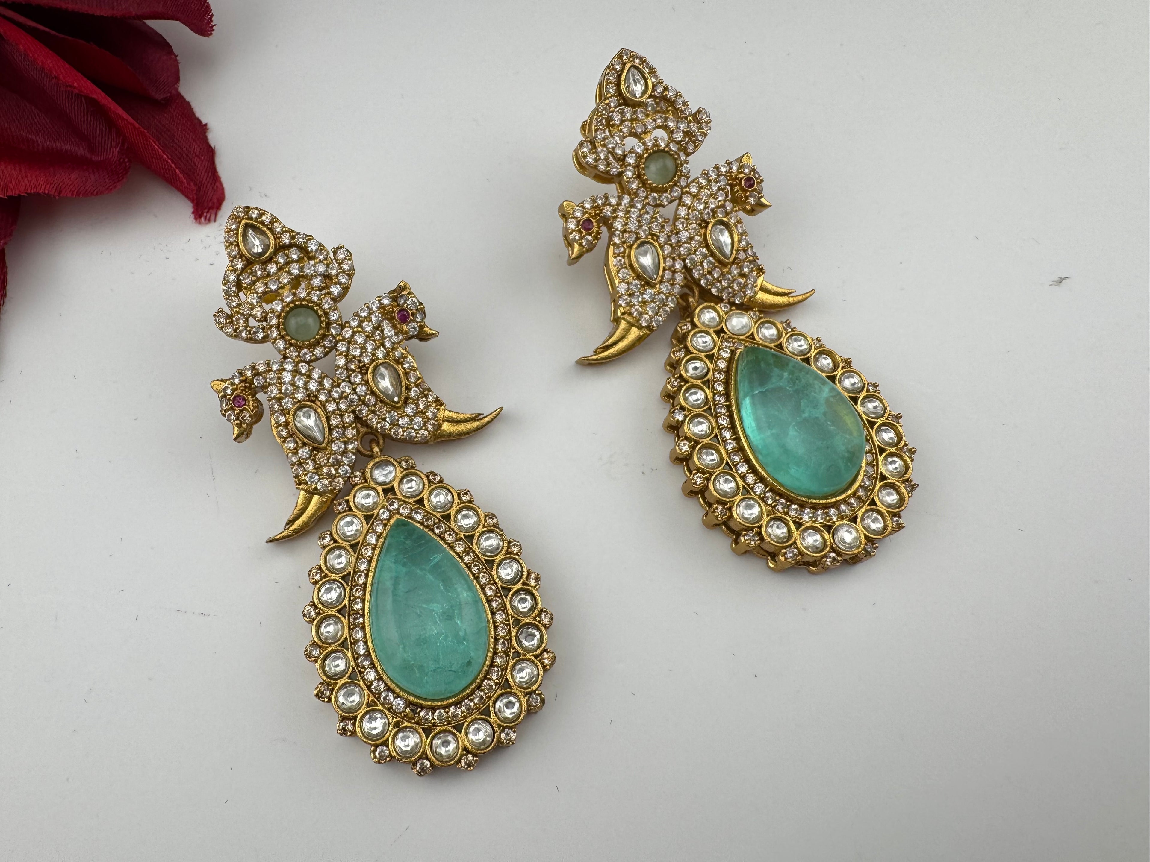 Blue Green and Gold, Doublet Stone Chandelier Long Earrings, Bridal, Moissanite, CZ, Designer jewelry