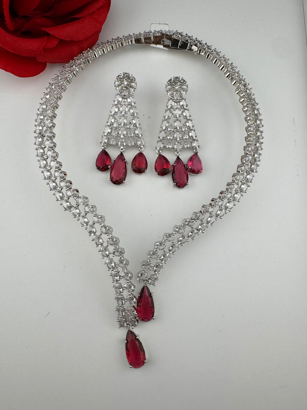 Crystals and CZ Diamond Statement front openable Hasli Necklace Set, Silver Plated Collar set