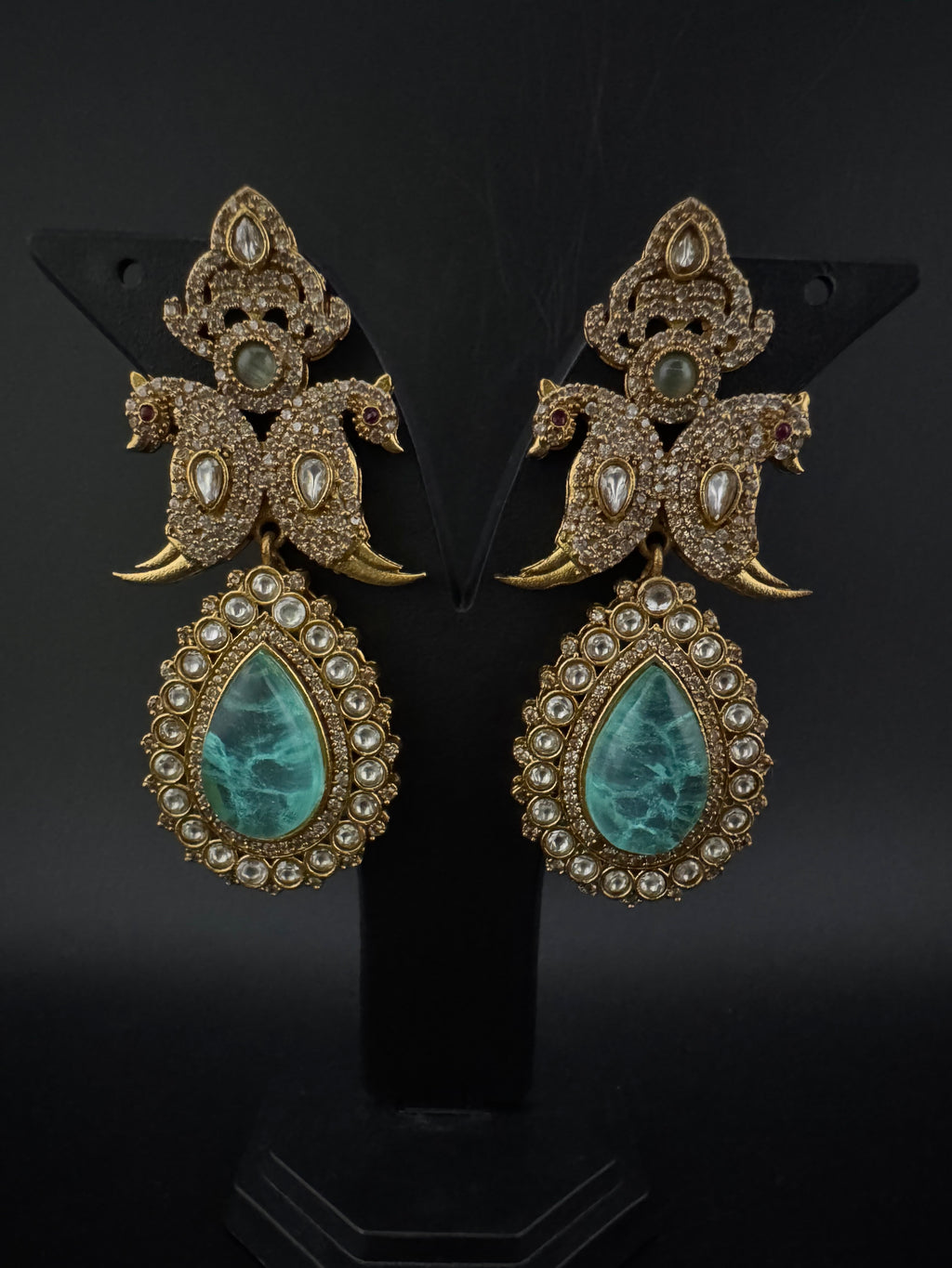 Blue Green and Gold, Doublet Stone Chandelier Long Earrings, Bridal, Moissanite, CZ, Designer jewelry