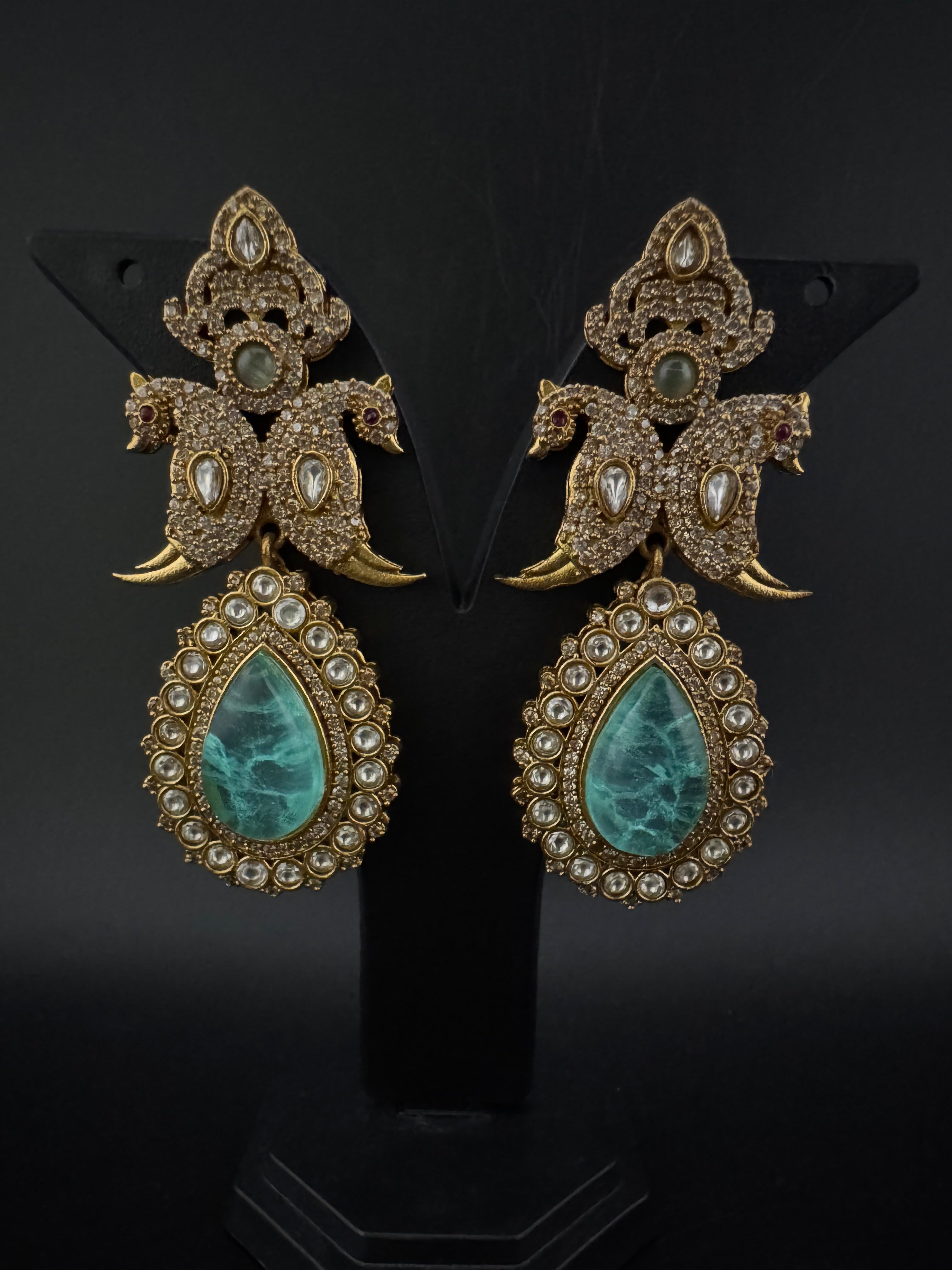 Blue Green and Gold, Doublet Stone Chandelier Long Earrings, Bridal, Moissanite, CZ, Designer jewelry