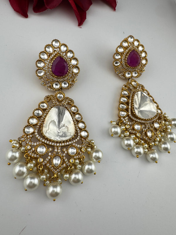 Purple and Gold Kundan, Pearls Chandelier Long Earrings, Bridal, Moissanite, CZ, Designer jewelry