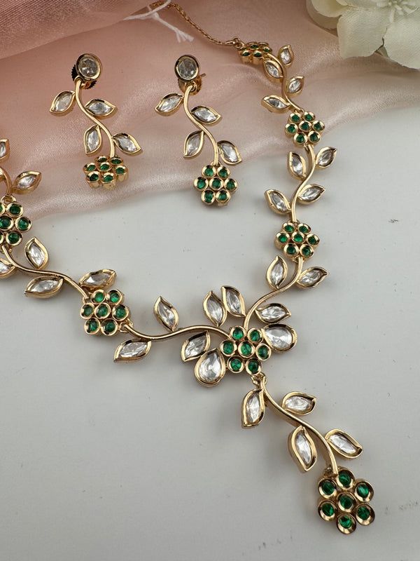 Kundan, Moissanite, stone Sleek Gold flower long necklace set, Indian Bridal Jewelry