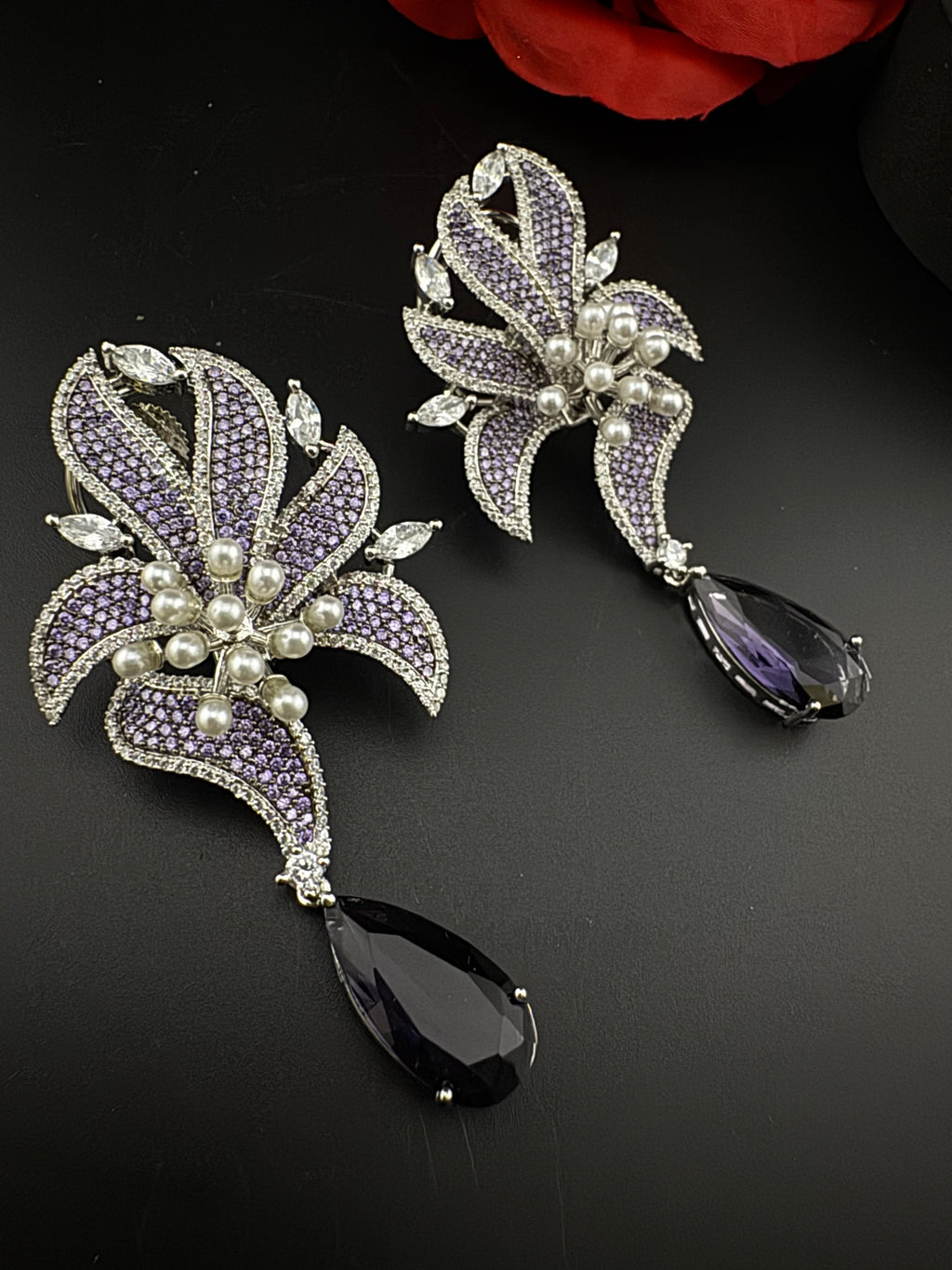 Premium Nano Setting Cubic Zirconia Pearl Oversized Studs earrings in leaf shape, stylish, designer Statement Big earring/Bridal Bridesmaid