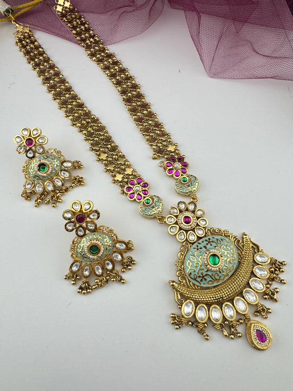Rajwadi Kundan Enamel Stones Gold Necklace Set, Indian Bridal Rani Haar
