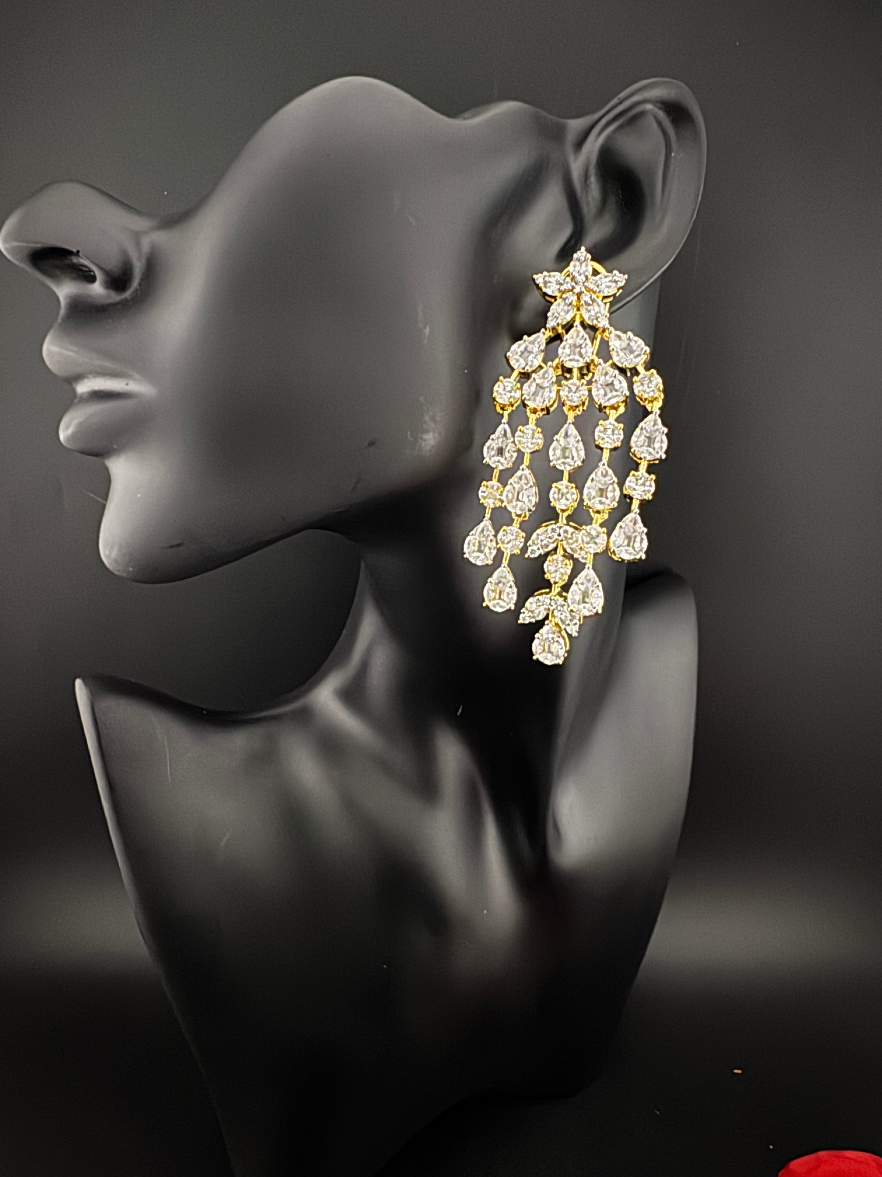 Premium Cubic Zirconia Chandelier earrings is designer Inspired, Statement Long earring, Bridal, Party, Wedding jewelry, Indian Chic Shiny