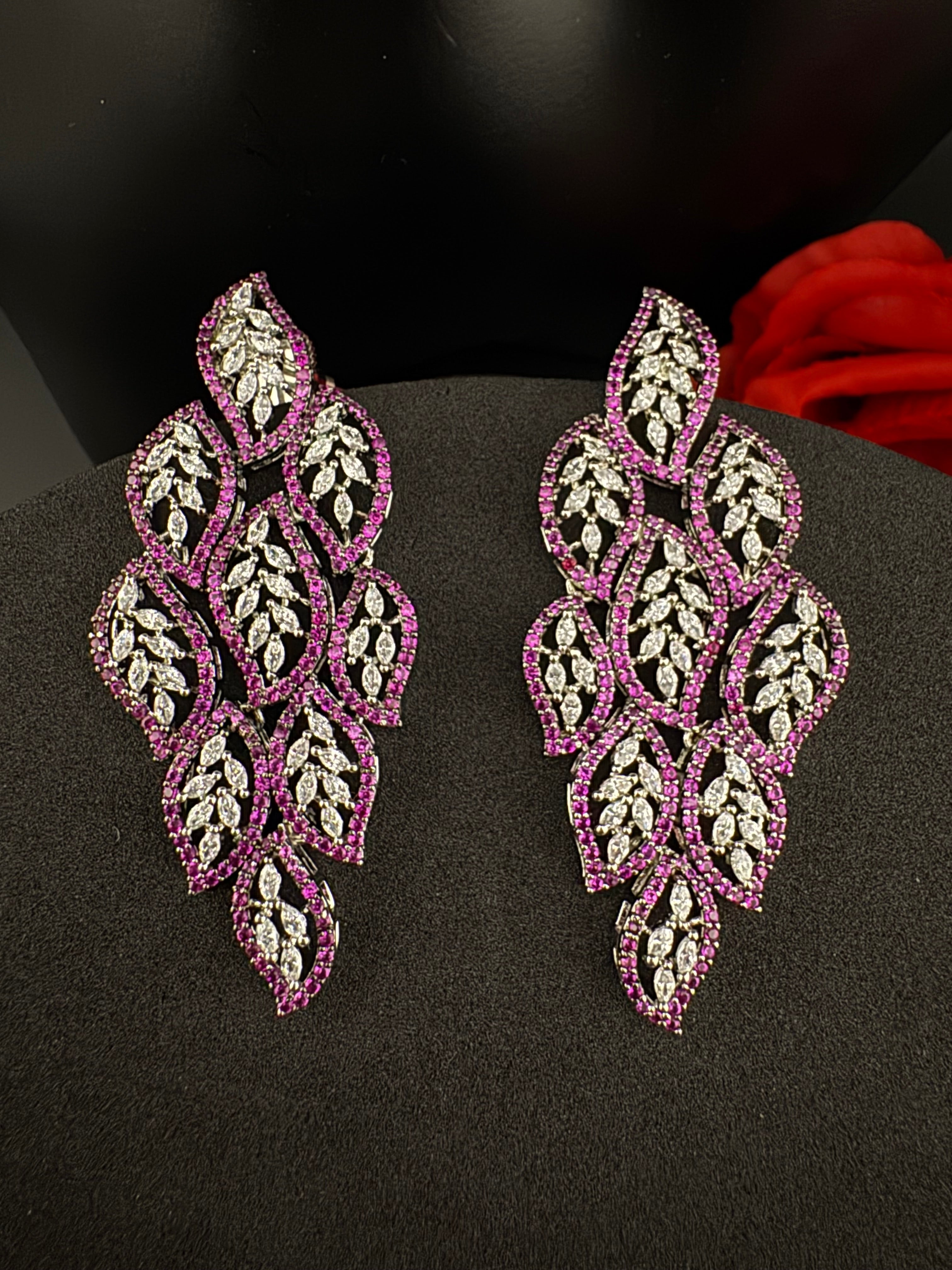 Premium Nano Setting Cubic Zirconia Long Chandelier earrings in leaf shape, stylish, designer Statement long earring/Bridal Bridesmaid