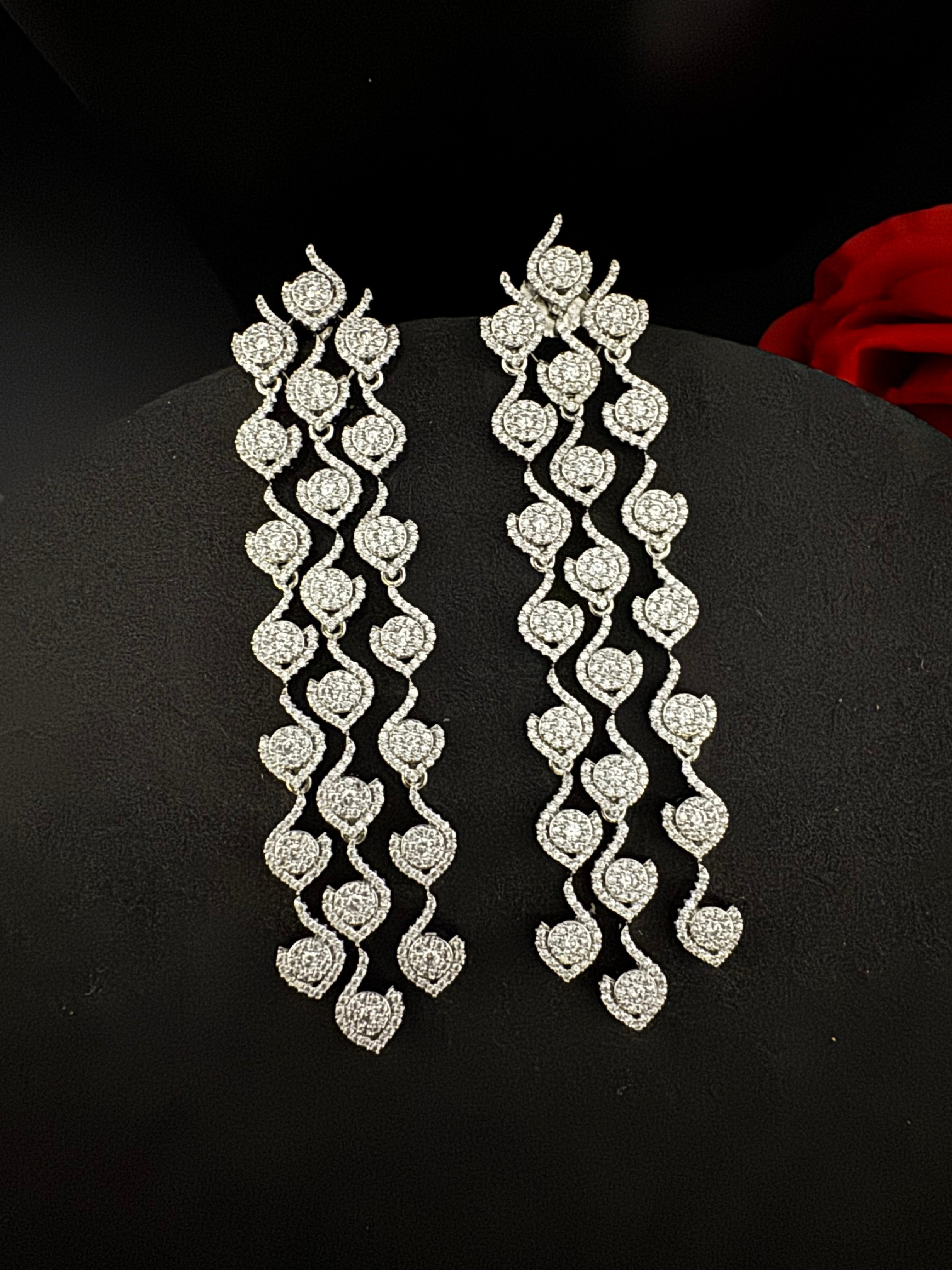 Premium Cubic Zirconia Chandelier earrings is designer Inspired, Statement Long sleek earring, Bridal, Party, Wedding jewelry, chic