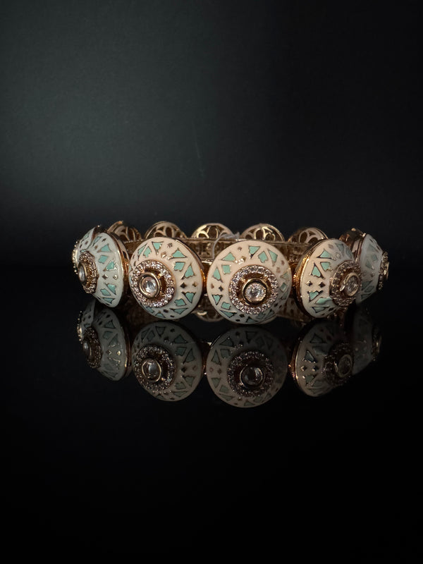 Moissanite Kundan, Enamel, CZ Rajwadi Pacheli Bracelet Bangle Kada, Gold Polish(fits 2.6" wrists)