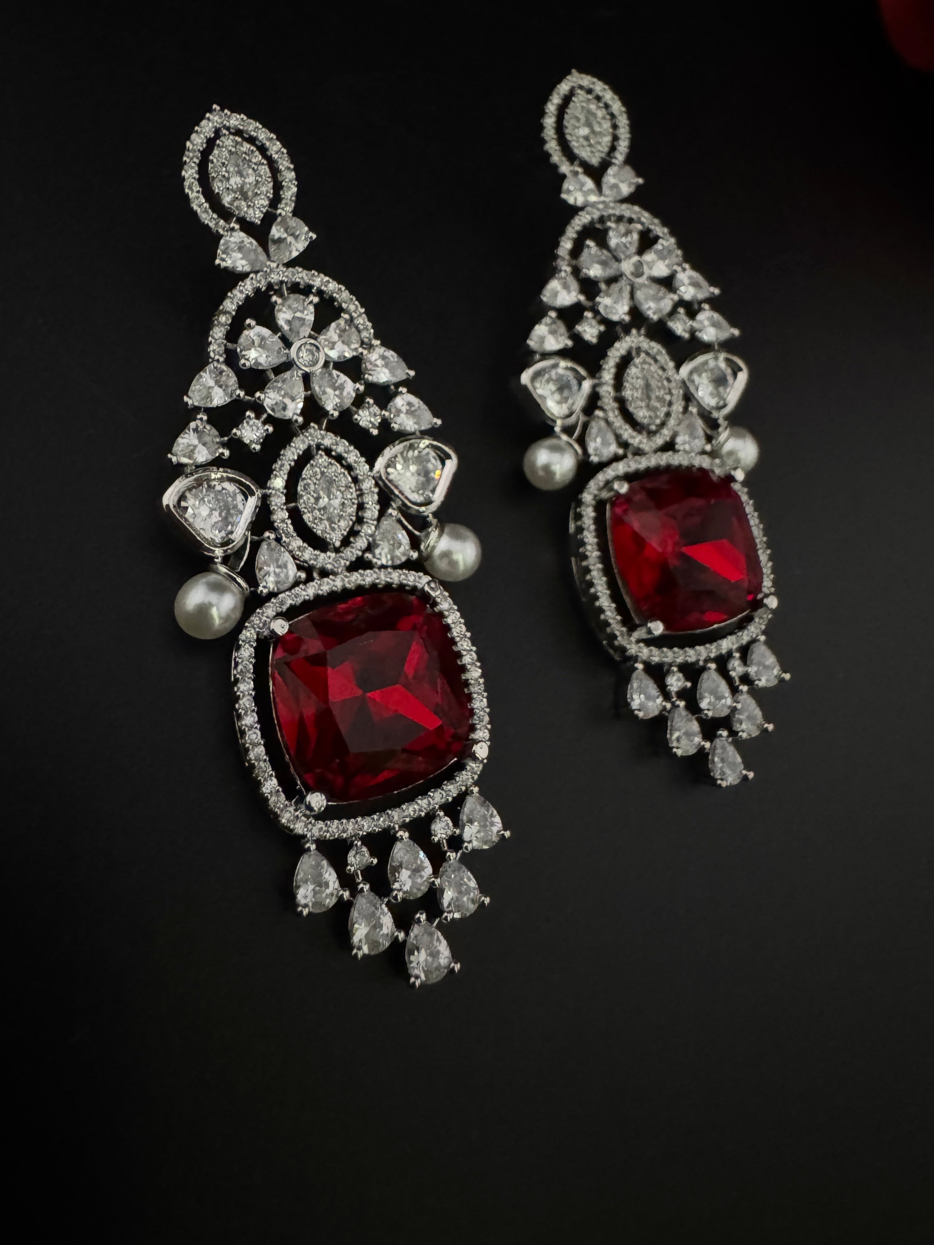 Champagne Cubic Zirconia Chandelier Long earrings with Pearls and Crystals