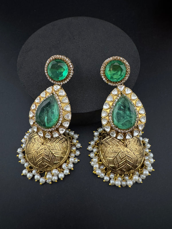 Amrapali Inspired Kundan, Doublet Stone, Pearls Long Jhumka Earrings, Matt Gold Designer Jewelry