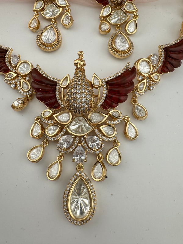 Kundan, Moissanite, Red MOP, CZ Flexible Peacock Gold necklace set, Indian Bridal Jewelry