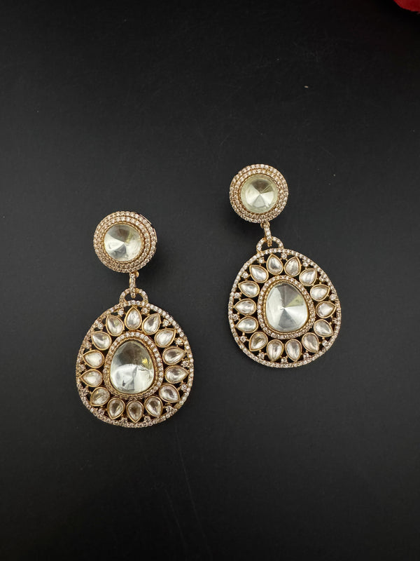 Golden Kundan, CZ, Chandbali Earrings, High shine, Bridal, Moissanite, Designer jewelry