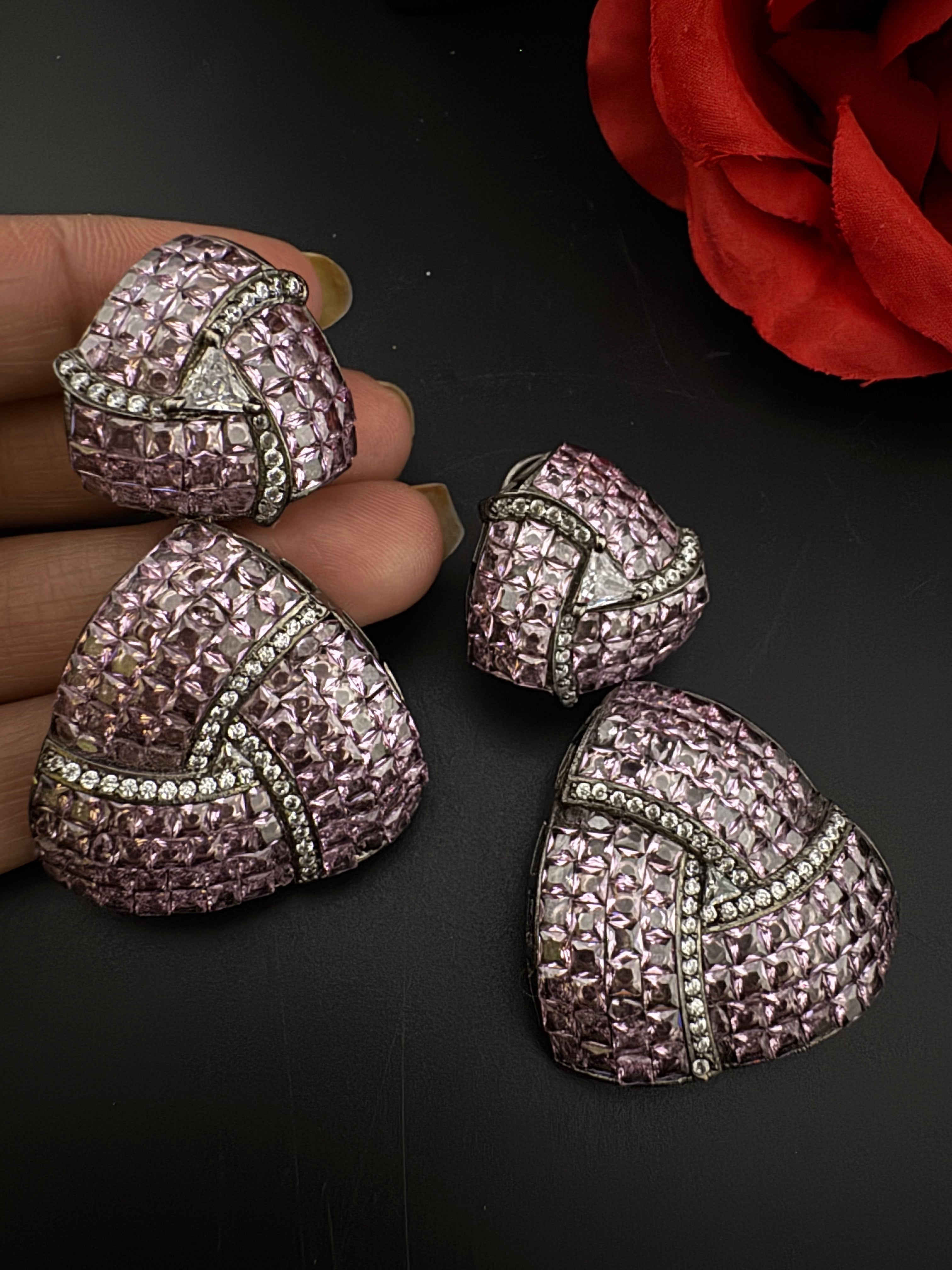 Premium Nano Setting Cubic Zirconia, Lavender Crystal stones in Unique setting is Victorian stylish designer Inspired Statement long earring