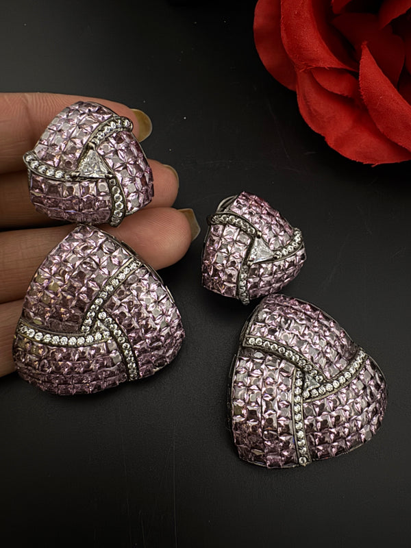 Premium Nano Setting Cubic Zirconia, Lavender Crystal stones in Unique setting is Victorian stylish designer Inspired Statement long earring