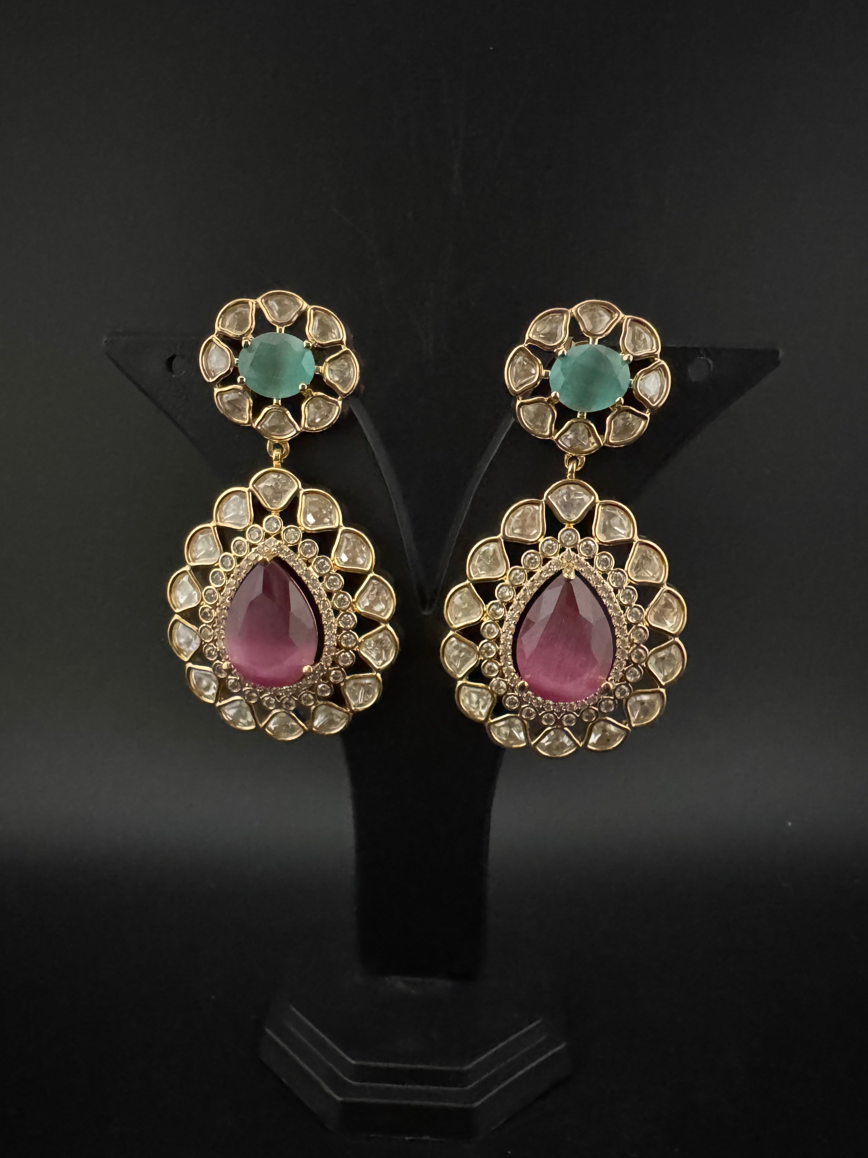Pink and Green Kundan, CZ, Chandbali Earrings, High shine, Bridal, Moissanite, Tyaani inspired Designer jewelry
