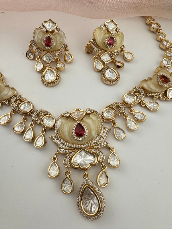 Kundan, Moissanite, MOP, CZ Flexible Gold necklace set, Indian Bridal Jewelry