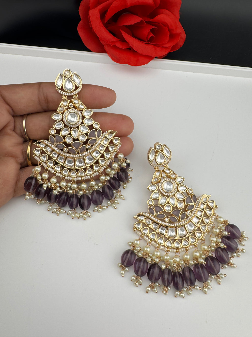 Purple and Gold Kundan Chandelier Earrinngs, High shine Bridal Moissanite CZ, Shiney Gold Designer