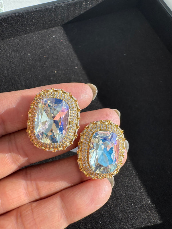 Gold Polish Crystal Stone Stud Earrings, All over Cubic Zirconia, AD, CZ, Indian Jewelry