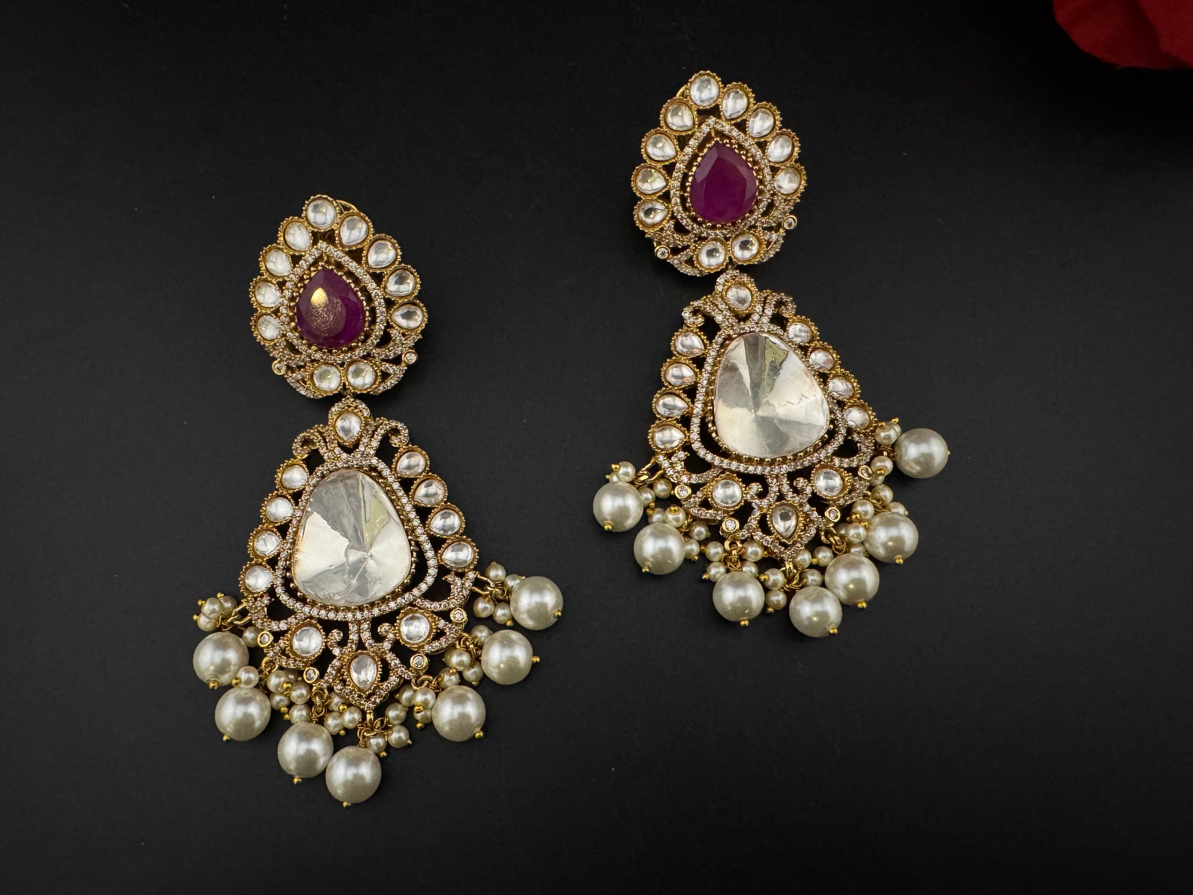 Purple and Gold Kundan, Pearls Chandelier Long Earrings, Bridal, Moissanite, CZ, Designer jewelry