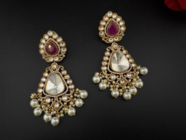 Purple and Gold Kundan, Pearls Chandelier Long Earrings, Bridal, Moissanite, CZ, Designer jewelry