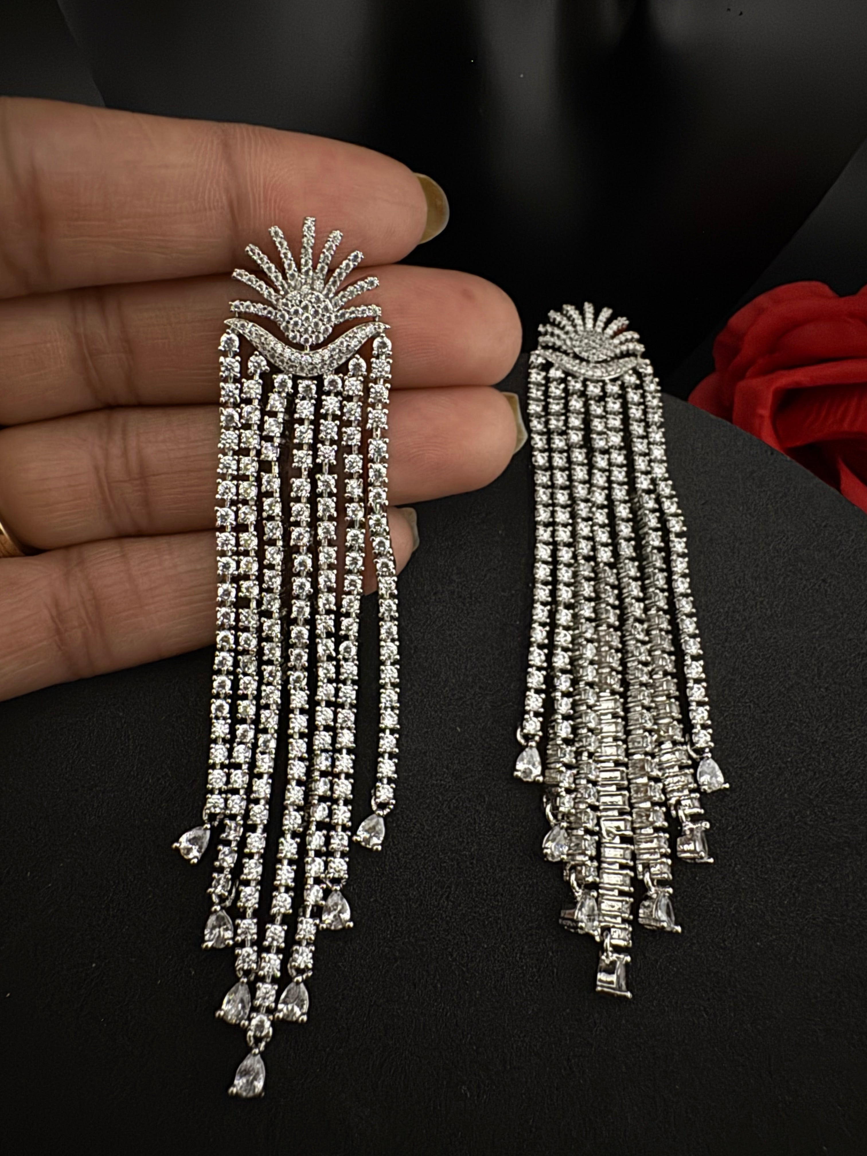 Premium Cubic Zirconia Chandelier extra long earrings, sun style long CZ tassel, Statement Long earring, Bridal, Party, Wedding jewelry