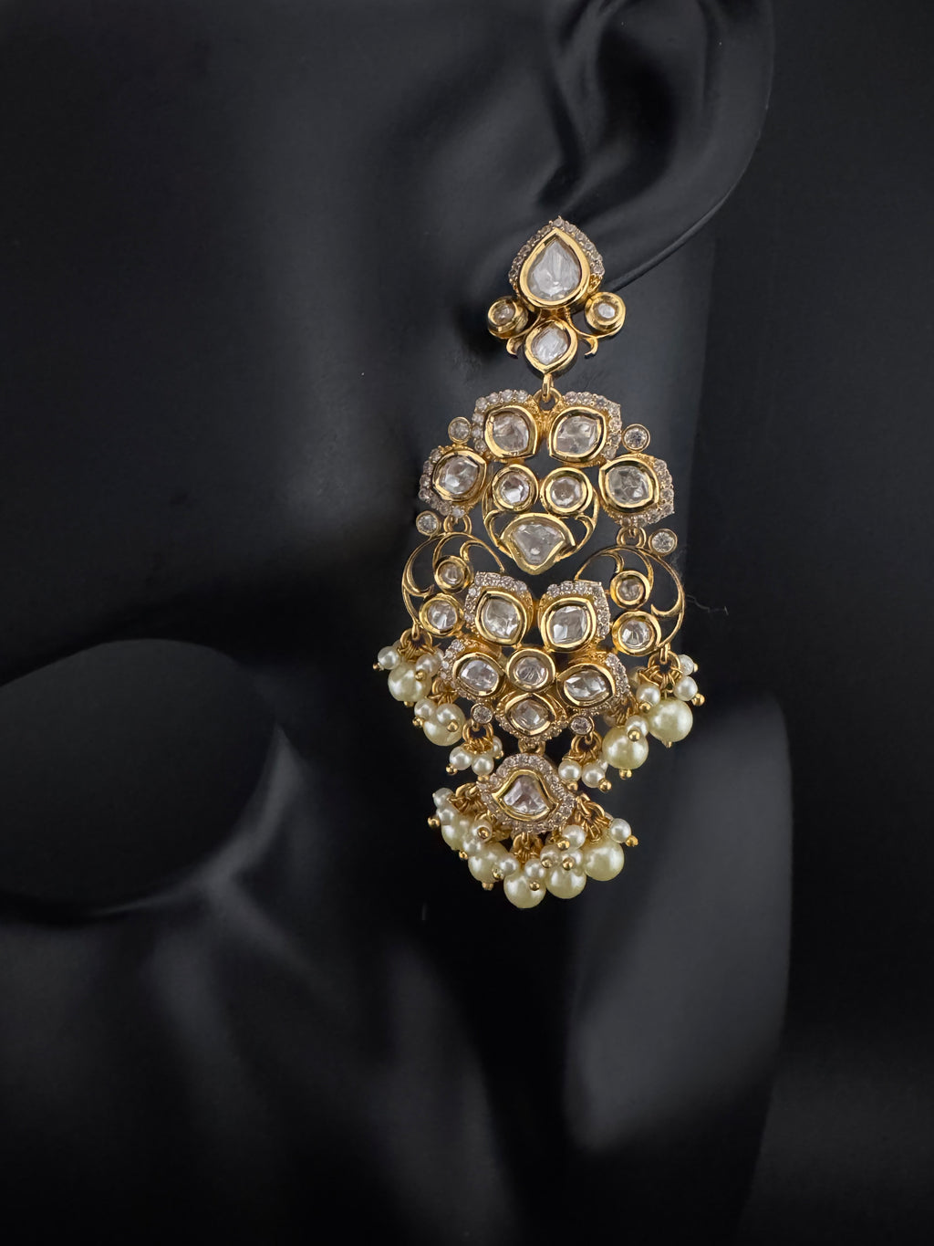 White and Gold Kundan, Pearls Chandelier Earrings, High shine Bridal, Moissanite, CZ, Designer jewelry