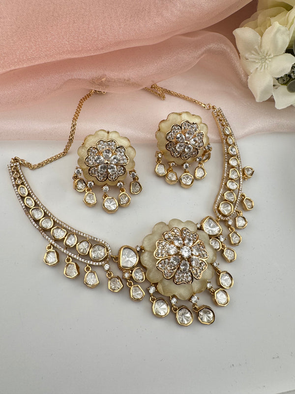 Kundan, Moissanite, MOP, CZ Flexible Gold necklace set, Indian Bridal Jewelry