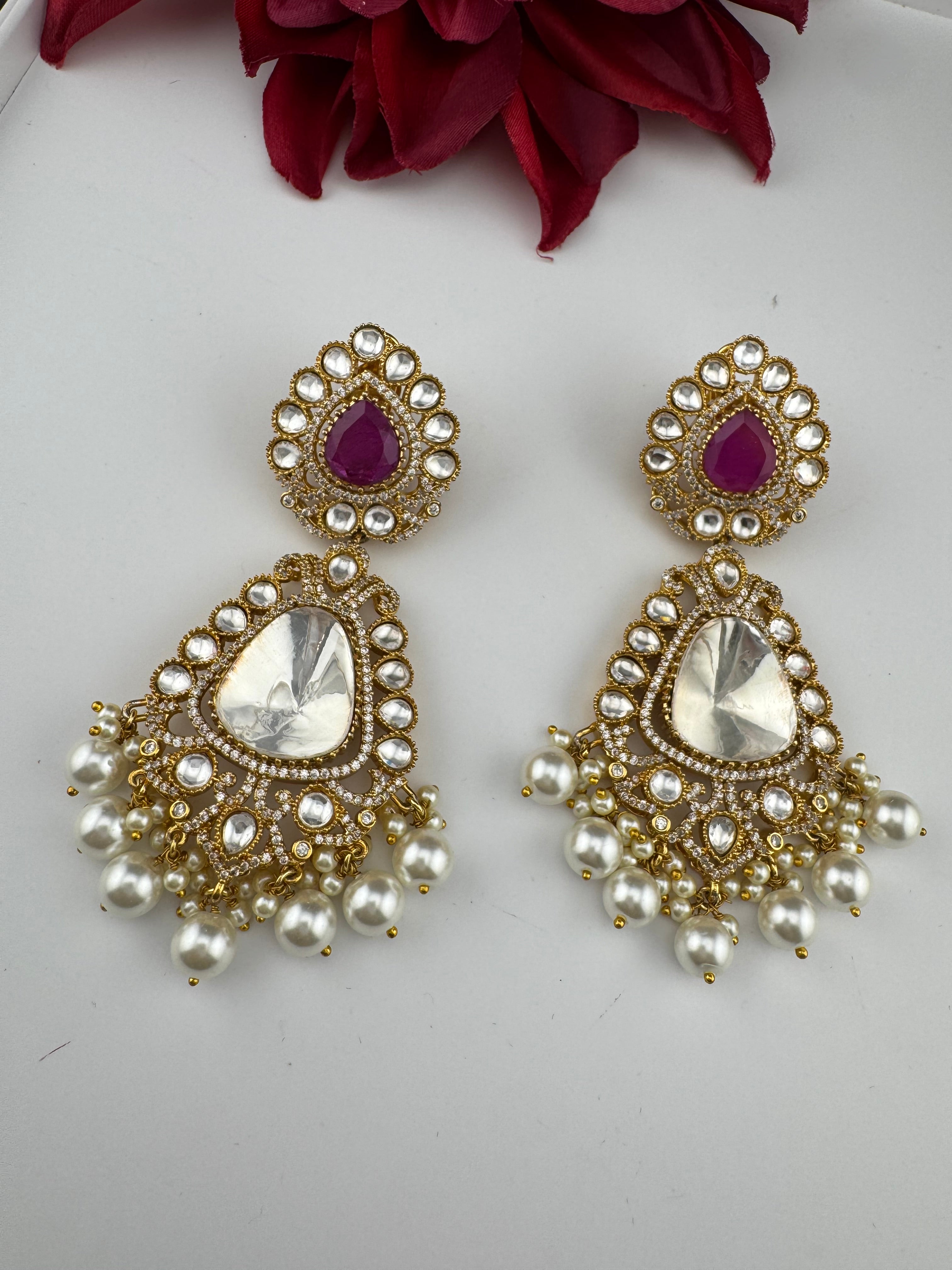 Purple and Gold Kundan, Pearls Chandelier Long Earrings, Bridal, Moissanite, CZ, Designer jewelry