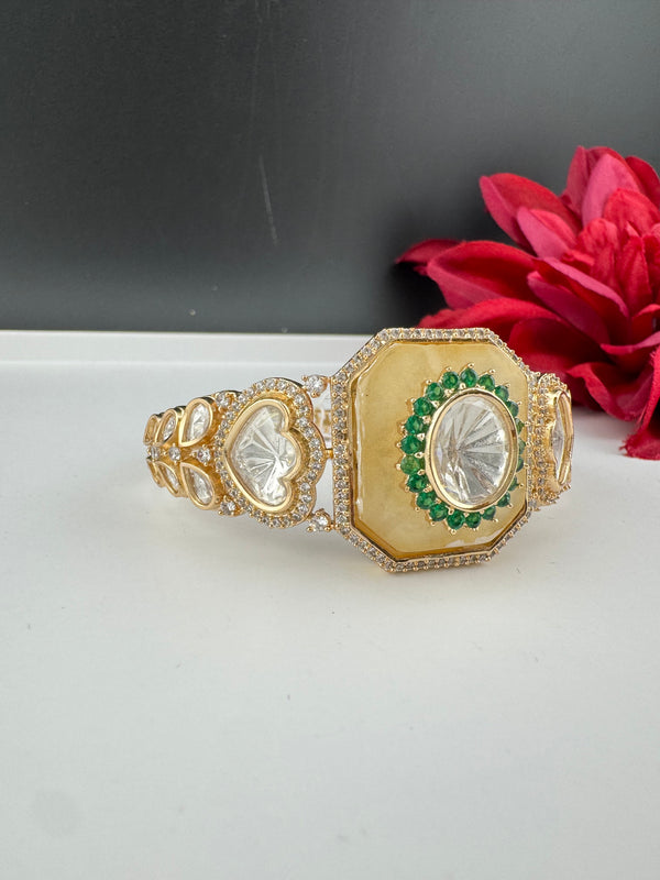 Moissanite Kundan, MOP, CZ Adjustable Bracelet Bangle, Gold Polish (Fits size 2.6")