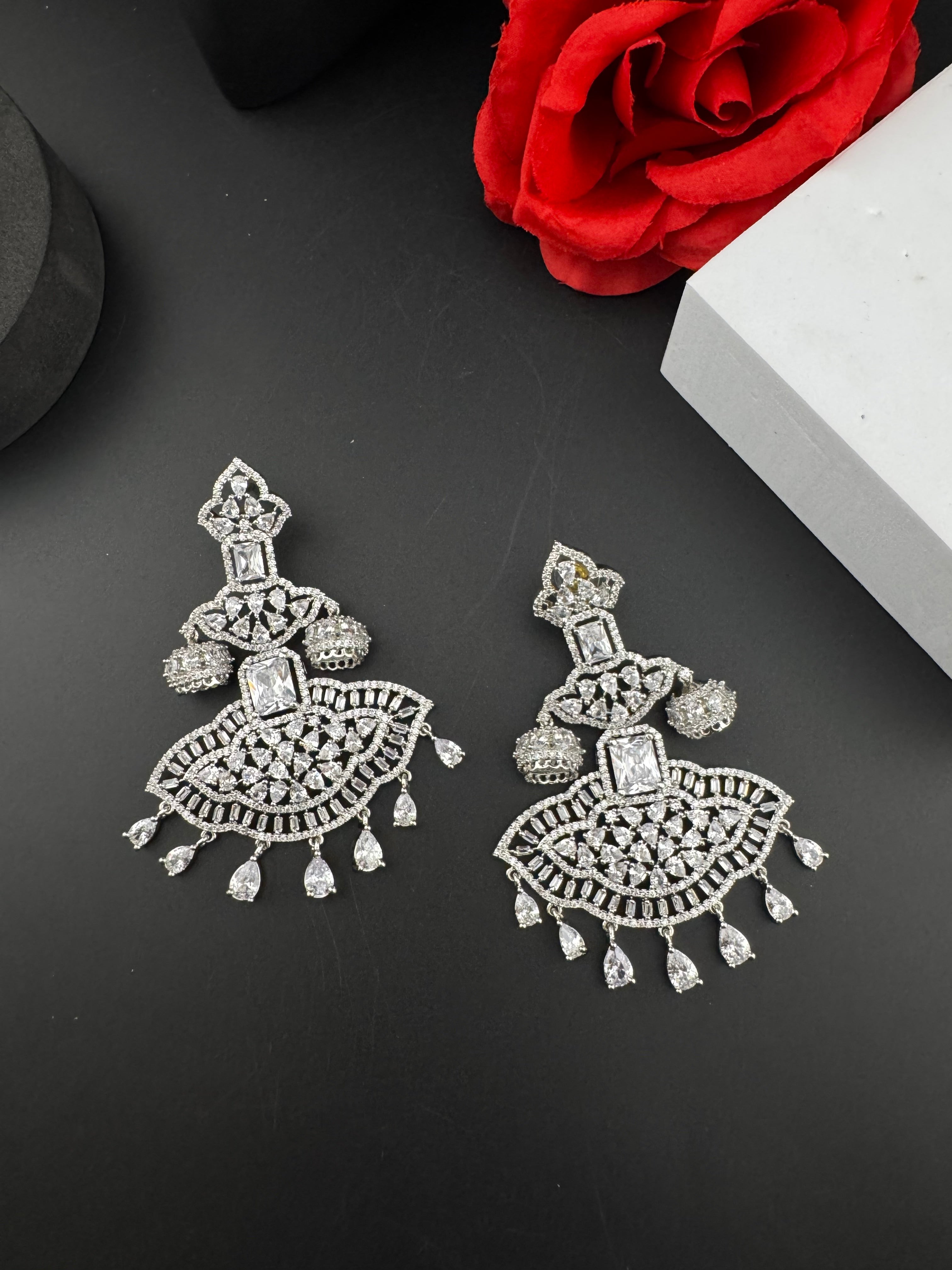 Premium Cubic Zirconia Chandelier Oversized earrings is designer Inspired, Statement Long earring, Bridal, Party, Wedding jewelry,
