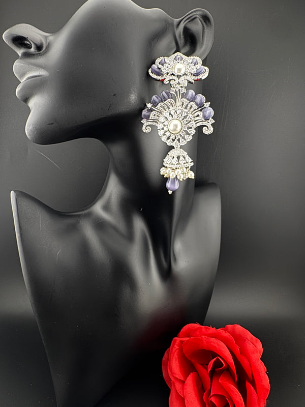 Premium Cubic Zirconia Pearl Chandelier Long earrings is designer Inspired, Statement Long Big earring, Bridal, Party, Wedding jewelry,