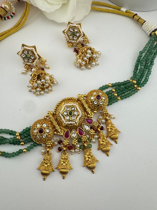 Rajwadi Choker necklace set with jhumka, in kundan, pearls, hydro beads, Indian Bridal Jewelry set